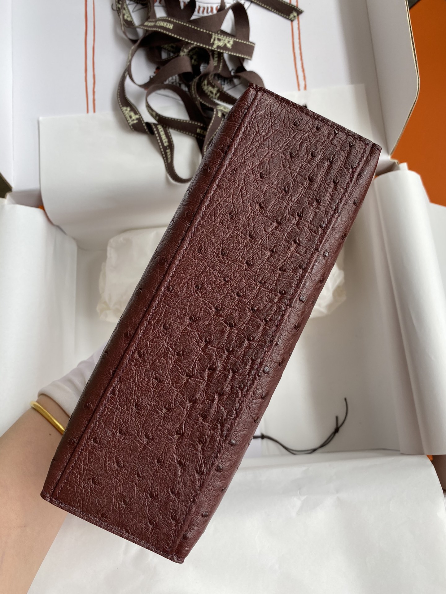 Hermes Mini Kelly Pochette 22cm Bag In Burgundy Ostrich Leather